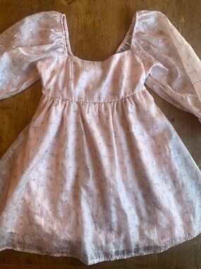 Pale Pink Floral Puff-Sleeve Midi Dress